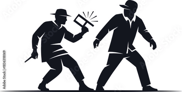 Fototapeta Silhouette interaction, photo capture moment, vintage attire, camera action, emotional reaction, surveillance pose, dynamic gesture, black figure, confrontation scene, storytellin