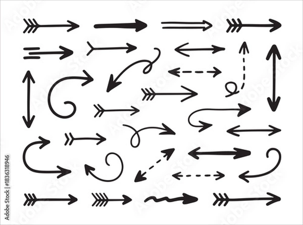 Fototapeta Set of hand drawn arrows isolated on white background vector illustration graphic elements doodle style