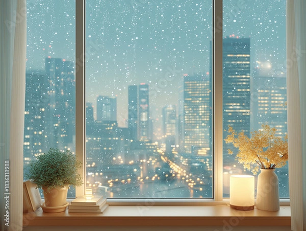 Obraz 窓から見える雨の都会と暖かな冬の夜