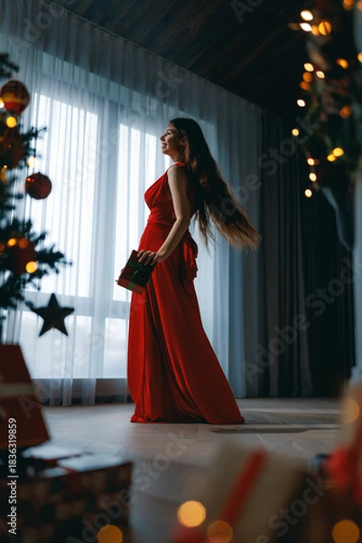 Obraz woman with present near Christmas tree indoors