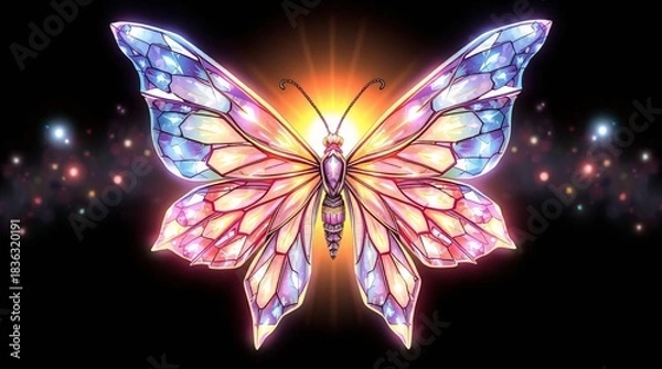 Obraz Butterfly's ethereal charm: A captivating image of a vividly colored butterfly, its delicate wings spread, glowing with a radiant internal light and surrounded by sparkling particles.