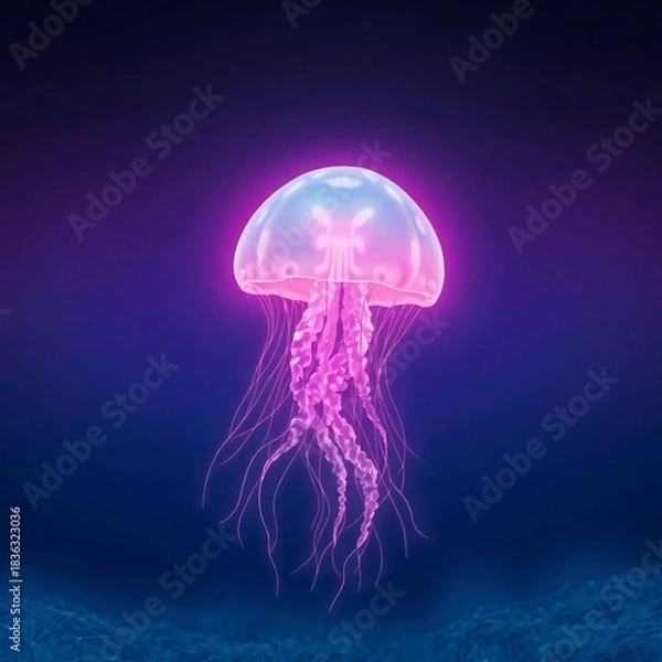Obraz Luminous Jellyfish: A single, ethereal jellyfish floats gracefully in the deep sea, its body illuminated with a vibrant, otherworldly glow.