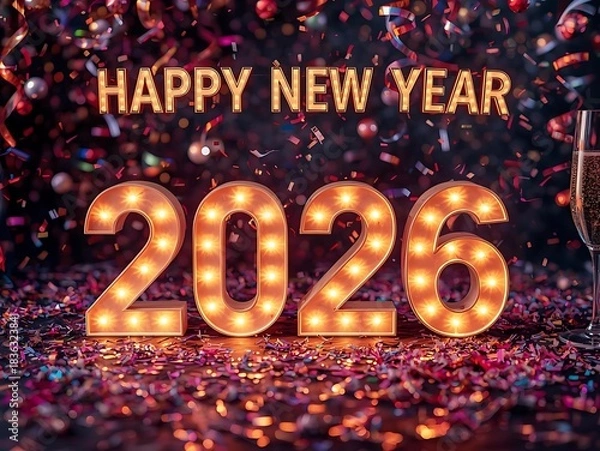 Obraz Happy new year 2026 with illuminated numbers and confetti