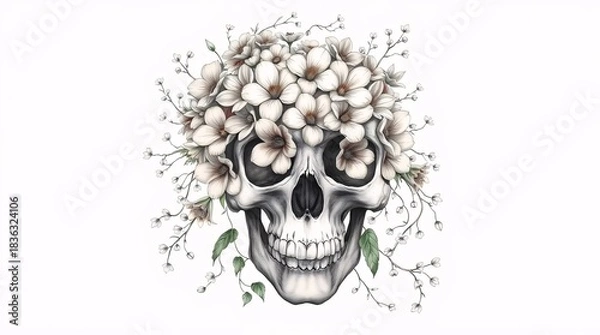 Obraz Memento Mori: A skull adorned with delicate floral elements, creating a captivating juxtaposition of mortality and beauty. It whispers of life's transient nature. 