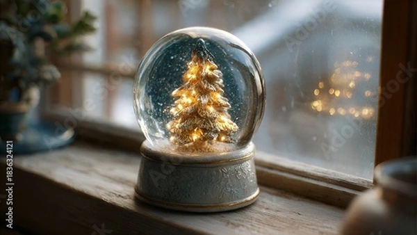 Fototapeta Illuminated Christmas Tree Snow Globe on Weathered Wooden Window Sill