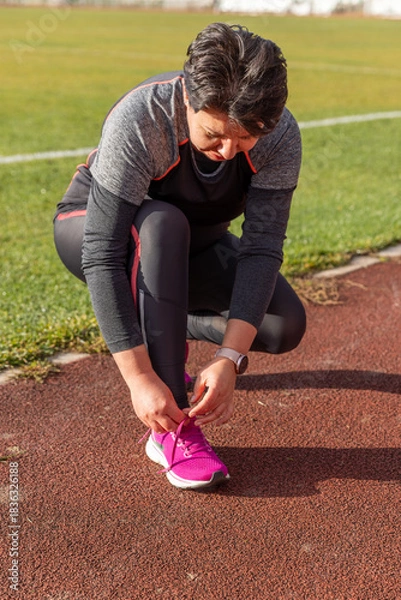 Fototapeta Woman tying shoelaces