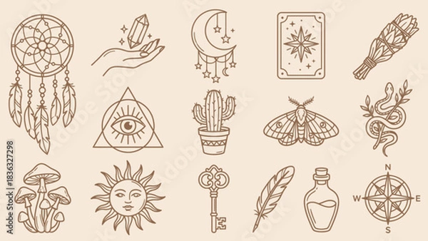 Fototapeta Bohemian Mystical Icon Set Featuring Crystals, Tarot Cards, Dreamcatchers, and Crescent Moons – Ideal for Spiritual Branding, Journaling, and Decorative Accents in Layouts, Tattoos, and Magical 