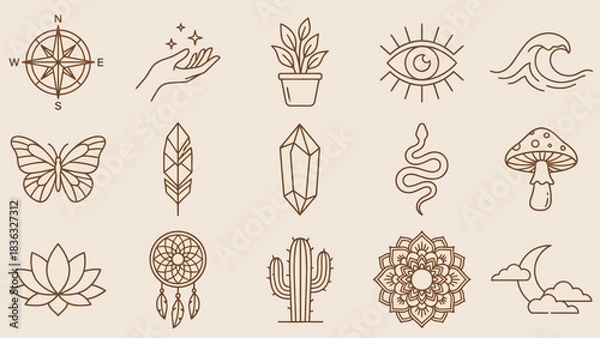Fototapeta Mystical Nature Line-Art Icon Set Featuring Crystals, Snakes, Mushrooms, and Mandalas – Ideal for Mindfulness Branding, Spiritual Journaling, and Decorative Accents in Layouts, Campaigns, and Creative