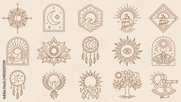 Fototapeta Bohemian Mystical Icon Set Featuring Crystals, Cacti, Dreamcatchers, and Celestial Motifs – Ideal for Spiritual Branding, Journaling, and Decorative Accents in Layouts, Tattoos, and Magical Campaigns