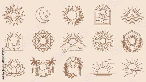 Fototapeta Bohemian Celestial Nature Icon Set Featuring Suns, Moons, Clouds, and Landscapes – Ideal for Spiritual Branding, Journaling, and Decorative Accents in Layouts, Campaigns, and Earth-Inspired Creative 
