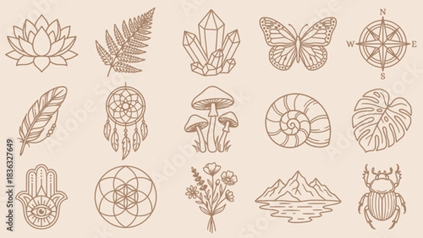 Fototapeta Bohemian Mystical Nature Icon Set Featuring Crystals, Mushrooms, Lotus Flowers, and Compass Roses – Ideal for Spiritual Branding, Journaling, and Decorative Accents in Layouts, Tattoos, and Artistic 