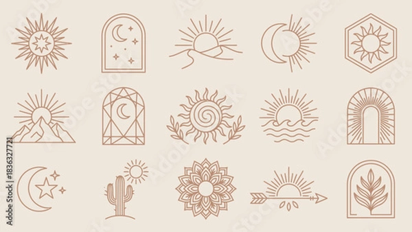 Fototapeta Bohemian Celestial Nature Icon Set Featuring Suns, Moons, Mountains, and Waves – Ideal for Spiritual Branding, Journaling, and Decorative Accents in Layouts, Tattoos, and Cosmic-Themed Creative 