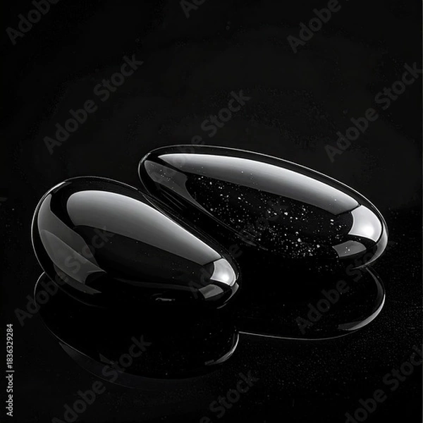 Obraz Two polished, black, teardrop-shaped objects sit on a dark surface, reflecting light
