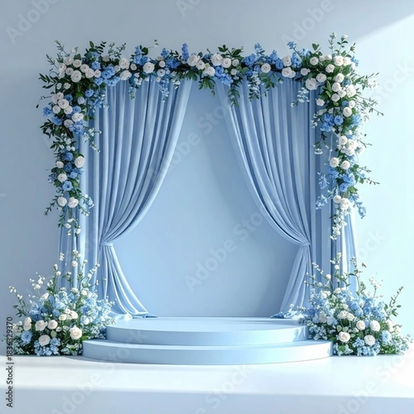 Obraz Light blue backdrop with floral arch and podium