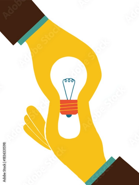 Fototapeta Two hands holding a lightbulb, representing an idea, innovation, or solution.