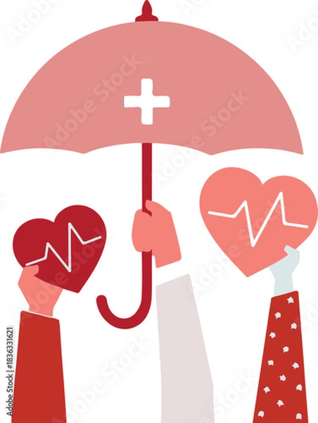 Fototapeta Three hands holding heart shapes with heartbeats are protected by a pink umbrella with a white plus sign, symbolizing health insurance or healthcare coverage.