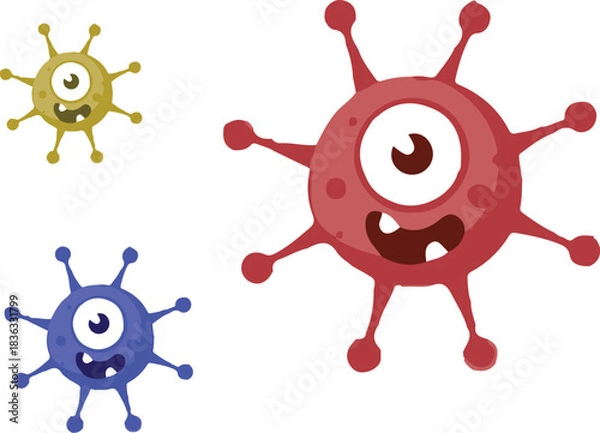 Fototapeta Three cartoon microbes or germs, colored red, blue, and yellow, with one eye, spiky appendages, and smiling faces.