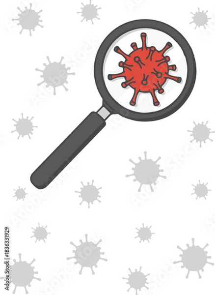 Fototapeta A red virus particle is magnified by a magnifying glass, surrounded by blurred gray virus shapes on a white background.