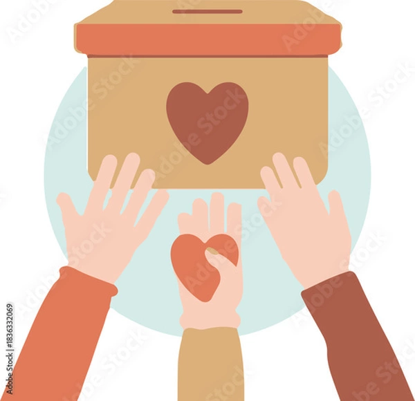 Fototapeta Three pairs of hands reaching toward a donation box, one holding a heart, symbolizing charity and giving.