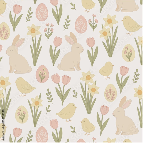 Obraz Soft Pastel Easter Pattern with Bunnies, Chicks, Eggs and Minimal Floral Elements