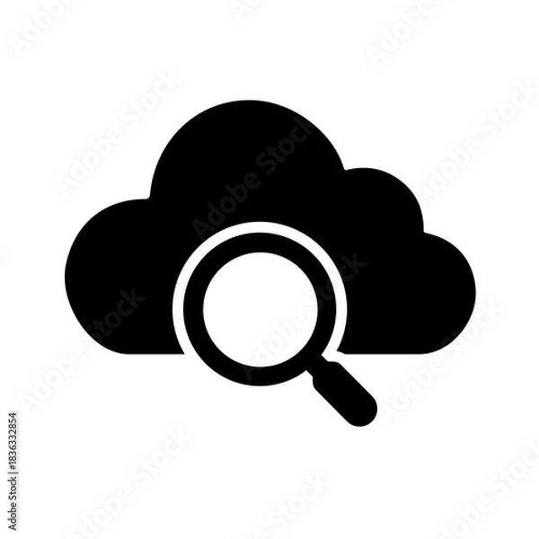 Fototapeta A solid cloud search icon representing deep cloud data discovery, enabling indexing, querying, inspection, and retrieval of resources stored within distributed cloud systems and platforms.