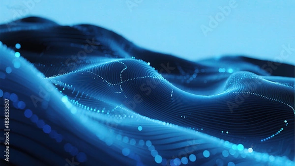 Fototapeta Abstract blue wave pattern with glowing dots