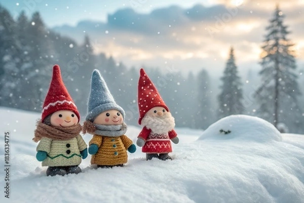 Obraz Children playing with snow and building a snowman during winter holiday celebration