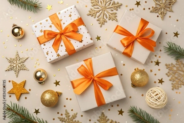 Obraz Christmas gift boxes with festive decorations and a Christmas tree in the background