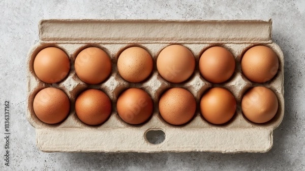 Fototapeta Close up of a dozen organic brown eggs in a carton