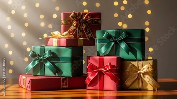 Fototapeta A stack of colorful gift boxes with ribbons in a festive setting