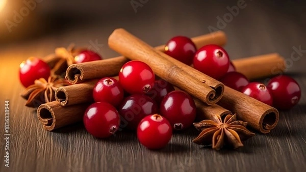 Fototapeta Close up of fresh cranberries and cinnamon sticks on a wood table