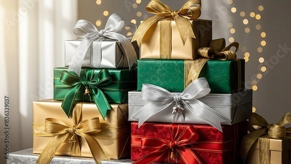 Fototapeta Stack of Wrapped Gifts with Colorful Ribbons Displayed