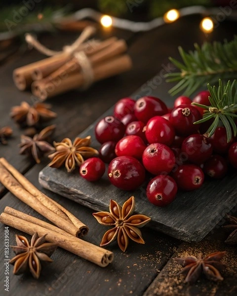 Fototapeta A cluster of ripe red cranberries with spices on wood surface