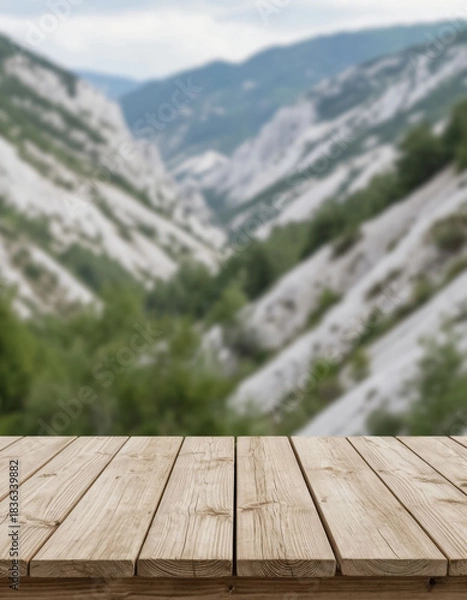 Obraz Product presentation background with wooden table against mountain backdrop