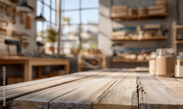 Obraz Wooden workbench surface in bright carpentry workshop