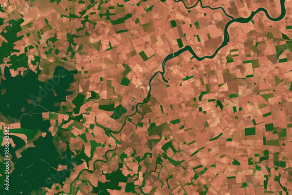 Obraz Aerial view of a winding river cutting through varied terrain and vegetation