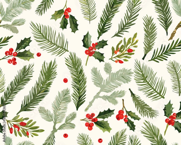Obraz Festive evergreen branches and holly berries create a seamless seasonal pattern