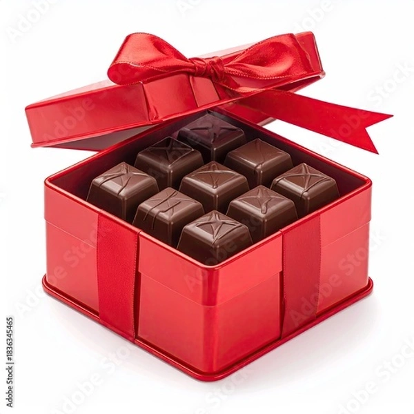 Fototapeta A red gift box, open, filled with dark chocolate squares.  A red ribbon bows atop the lid