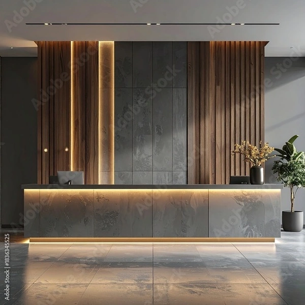 Fototapeta Modern lobby reception desk with wood and stone wall