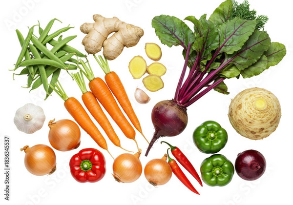 Fototapeta Vibrant flat lay of fresh, raw, organic vegetables: carrots, bell peppers, onions, ginger, garlic, on a white background with copy space, healthy food concept
