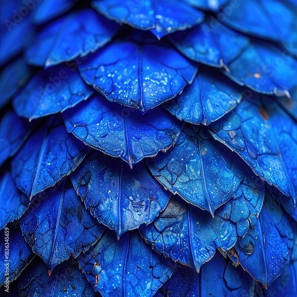 Fototapeta Close-up of vibrant blue, layered scales or feathers.  Textured, intricate pattern