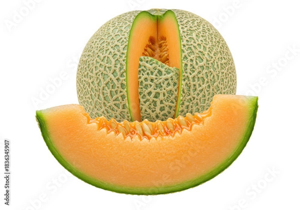 Fototapeta Bright orange cantaloupe wedge with glistening flesh, dark seeds, in sharp focus, whole melon blurred behind on transparent background, soft studio light, appetizing food concept