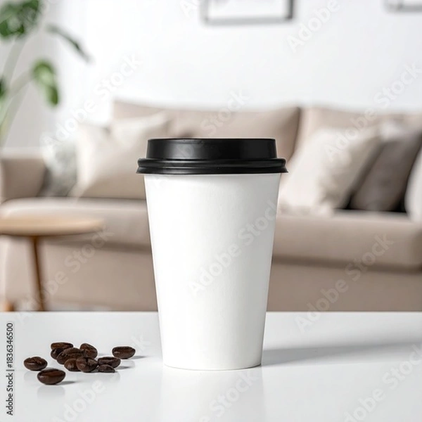 Fototapeta White disposable coffee cup with black lid on a white table, out-of-focus living room in beige tones in background