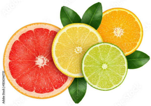 Fototapeta Close-up, flat lay of vibrant pink grapefruit, yellow lemon, juicy orange, and crisp green lime slices with fresh green leaves on a transparent background, soft studio light, concept of natural