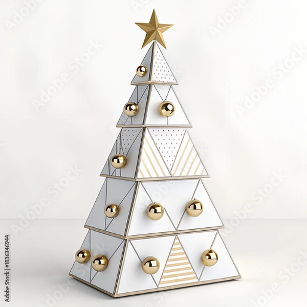 Fototapeta Decorative Christmas tree design with golden ornaments on a minimalistic white background
