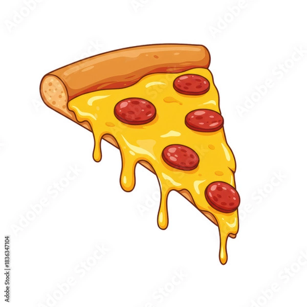 Fototapeta Vibrant cartoon pepperoni pizza slice, gooey melted cheese dripping, red pepperoni, golden crust, on a transparent background with copy space, fast food advertising concept