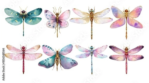 Obraz Vivid Watercolor Insects Art: Dragonflies & Moths
