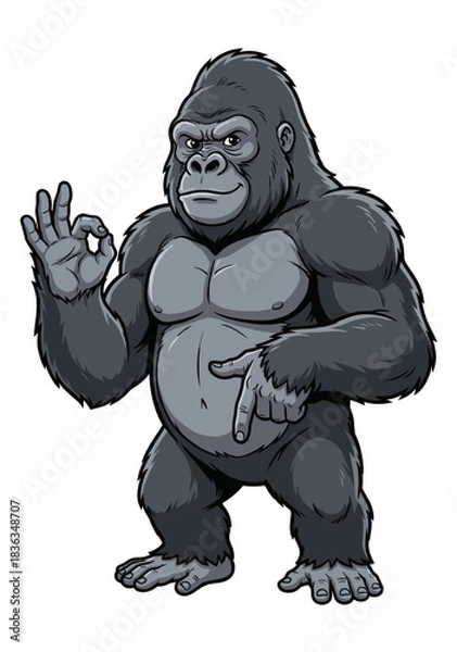 Obraz Strong Cartoon Gorilla with OK and Pointing Down Meme Hands – Meme Animal Character Doing 6 7 Meme