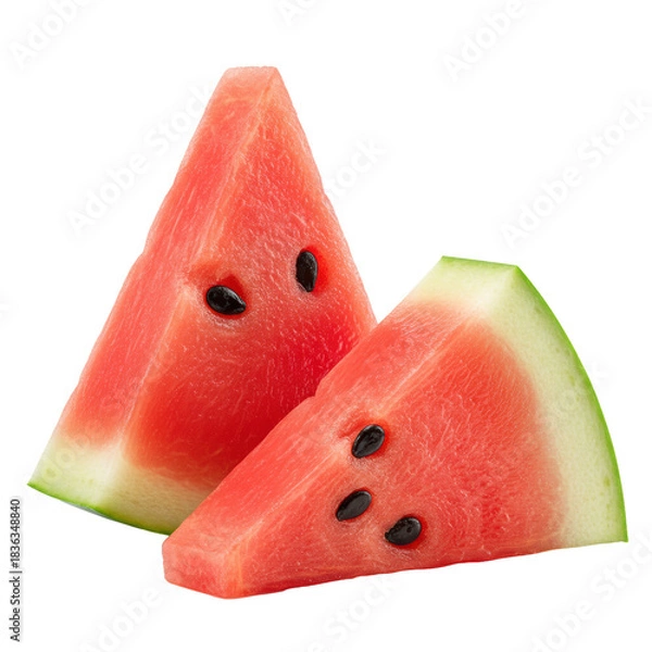 Fototapeta Two perfectly cut, fresh triangular watermelon slices, ruby-red and wet with seeds, green and white rind, isolated on white with subtle shadow and copy space. Refreshing food concept