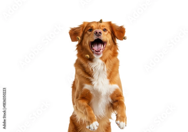 Fototapeta A 2-3 year old Nova Scotia Duck Tolling Retriever, reddish-brown, white markings, leaping mid-air, mouth open, catching brown kibble against a brilliantly lit transparent studio background with copy